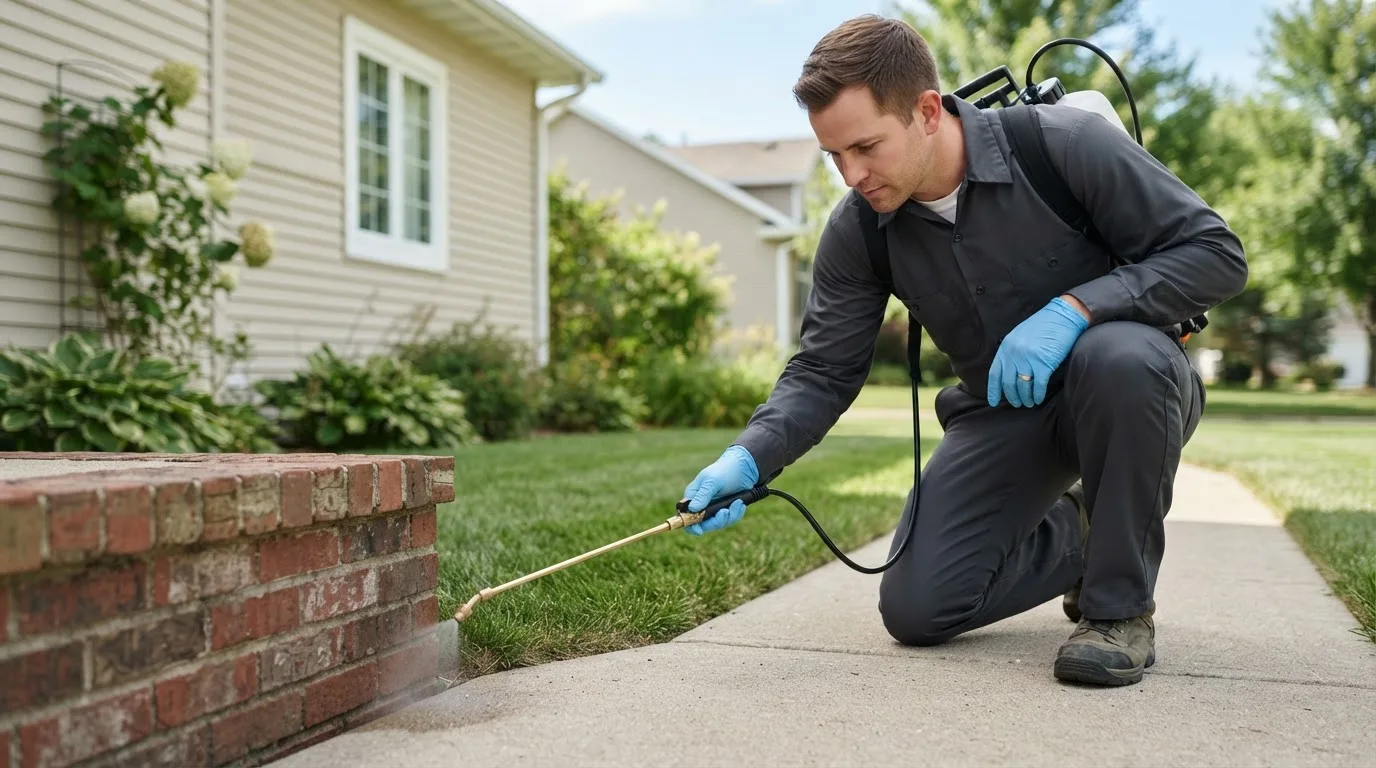 Pest control technician treating a home near Needham, AL